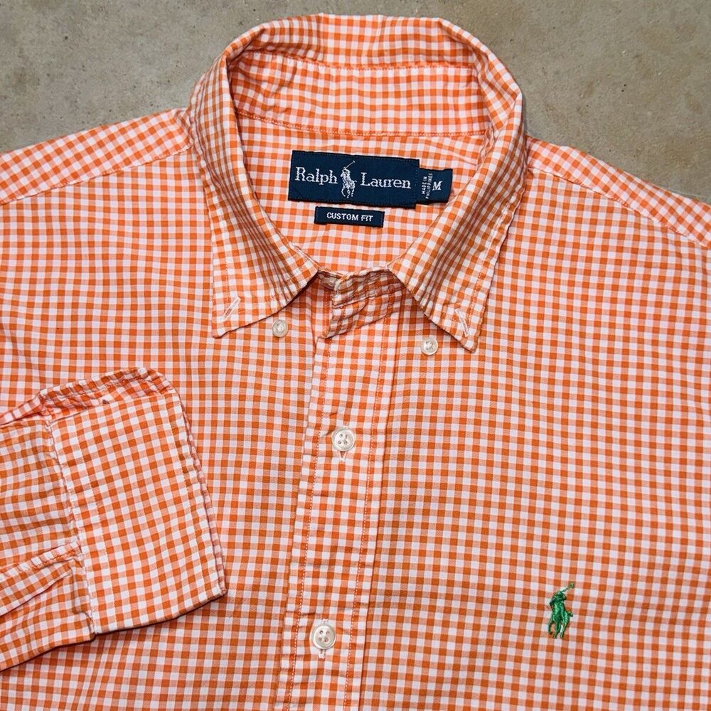 Polo Ralph Lauren Shirt Mens Medium Orange Gingham Check Long Sleeve Preppy